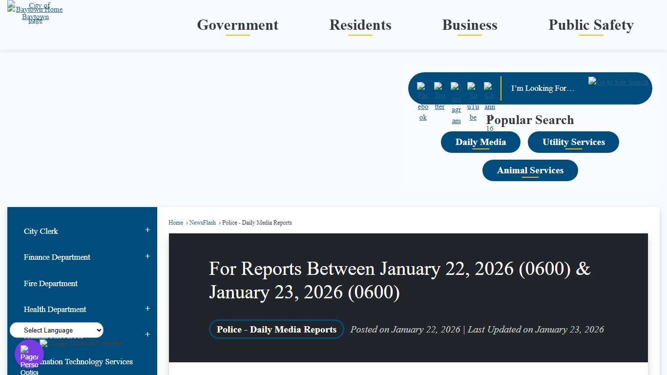 For Reports Between January 22, 2026 (0600) & January 23, 2026 (0600) • Baytown, TX
